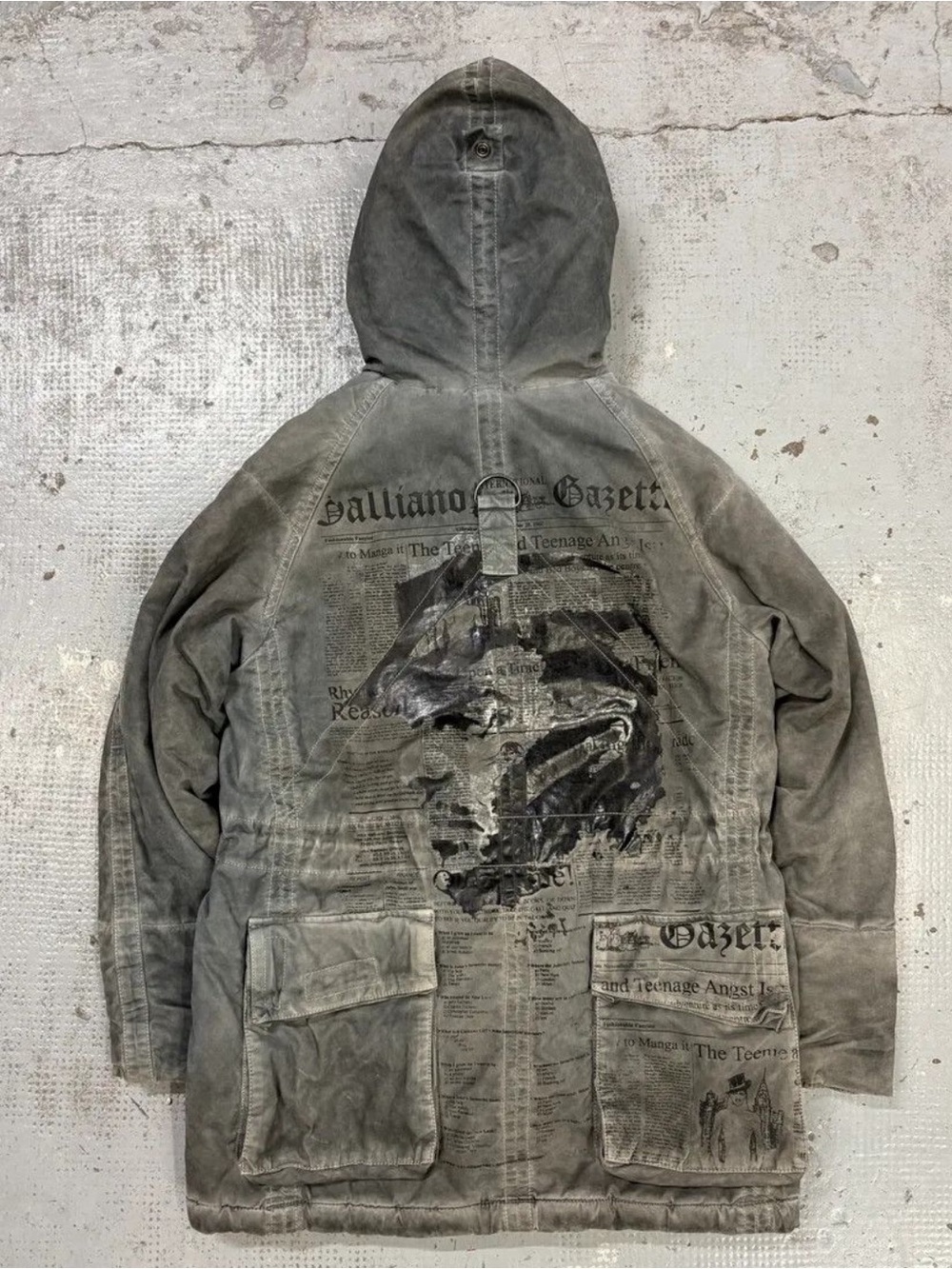 John Galliano newspaper Distressed Hooded Parka Jacket - Gray. Sz small. Amazing